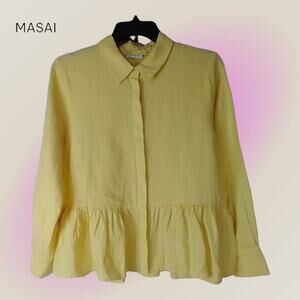 Masai Copenhagen Idana Linen Button-Up Yellow Blouse Size Medium - Peplum Hem